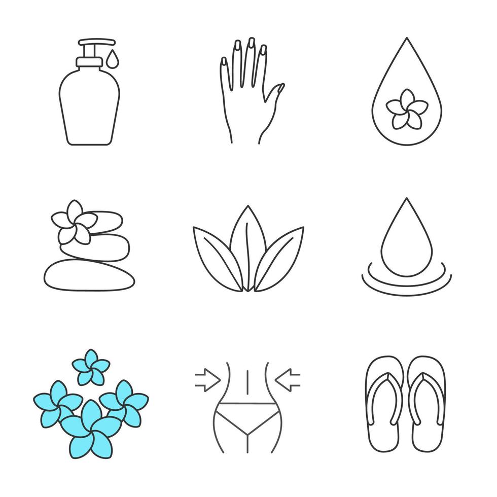 Conjunto de iconos lineales de salón de spa. Gotas de aceite aromático, crema, mano de mujer con manicura, masaje con piedras, hojas sueltas, flores, adelgazamiento, chanclas. símbolos de contorno de línea fina. ilustraciones vectoriales aisladas vector