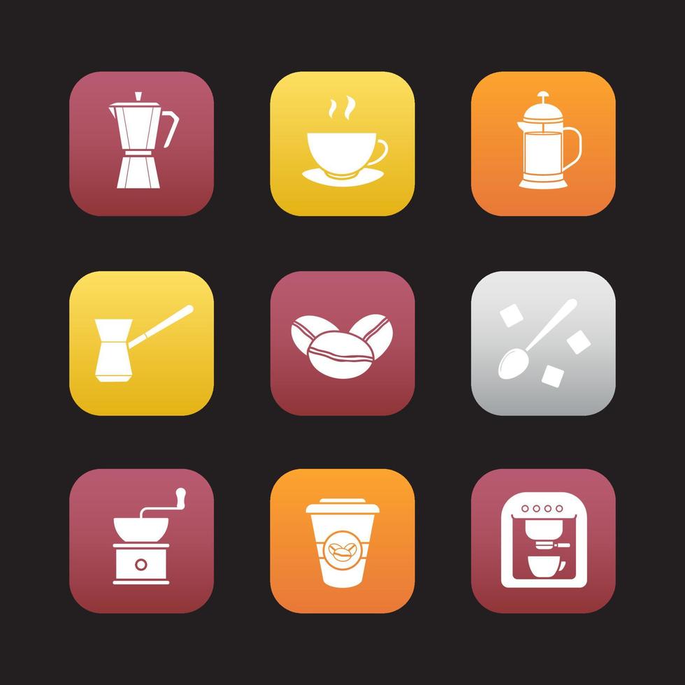 Coffee flat design icons set. Espresso machine, classic coffee maker, steaming mug on plate, french press, turkish cezve, spoon with sugar, hand mill. Web application interface. Vector illustrations