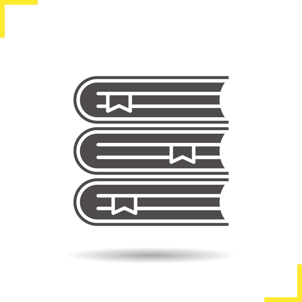 Books stack glyph icon. Drop shadow library silhouette symbol. School textbooks with bookmarks. Negative space. Vector isolated illustration