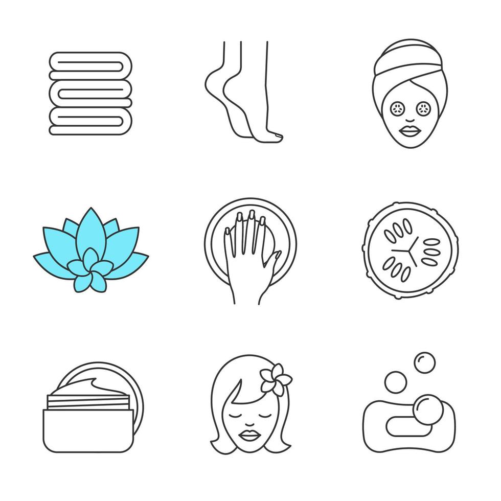 Spa salon linear icons set. Towels, woman's feet and face, cucumber slice, hand with manicure, cream jar, spa flower. Thin line contour symbols. Isolated vector illustrations