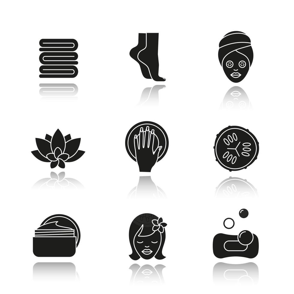 Spa salon drop shadow black icons set. Towels, woman's feet and face, cucumber slice, hand with manicure, cream jar, spa flower. Isolated vector illustrations