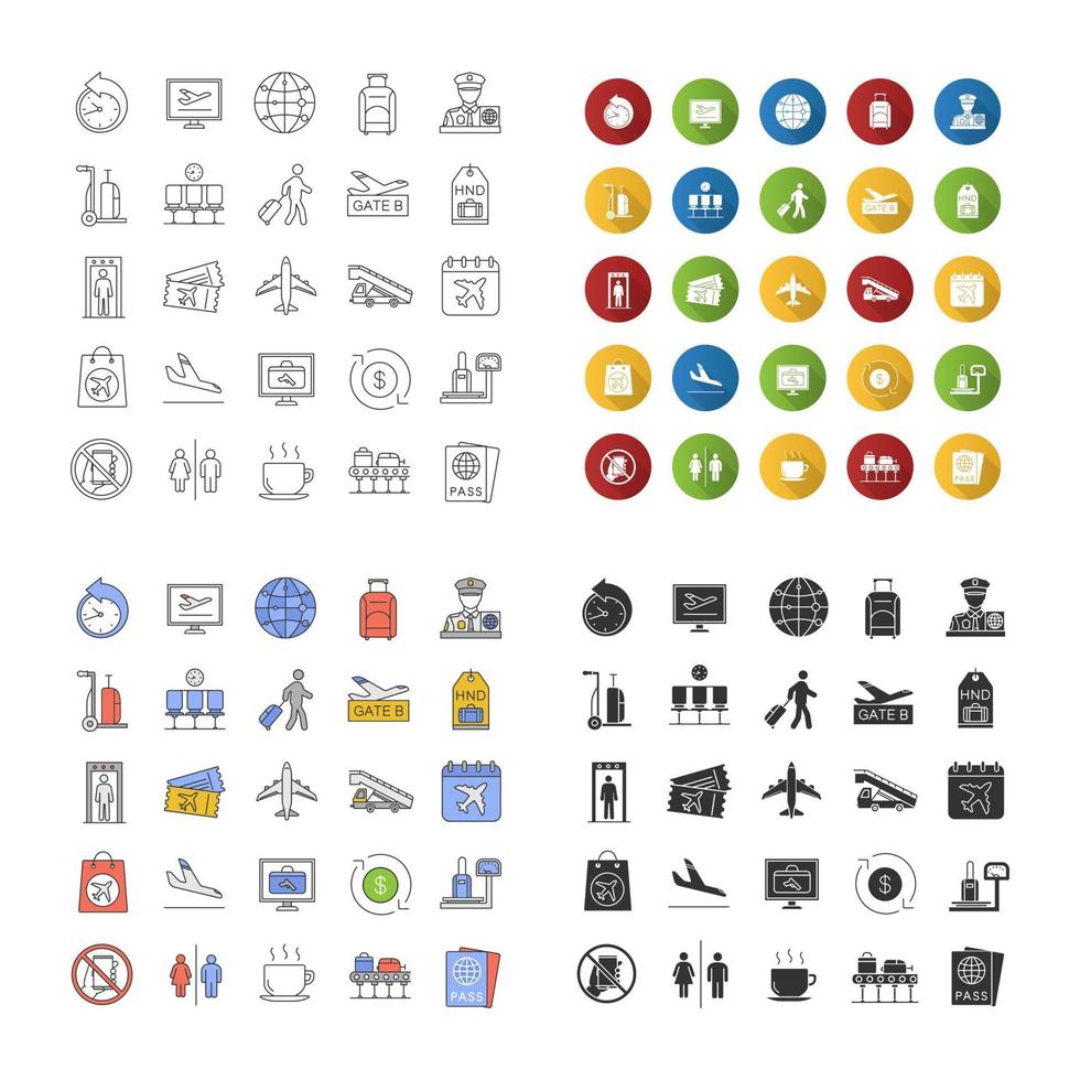 Airport service icons set. Passport control, baggage check, tickets, flights management. Linear, flat design, color and glyph styles. isolated vector illustrations