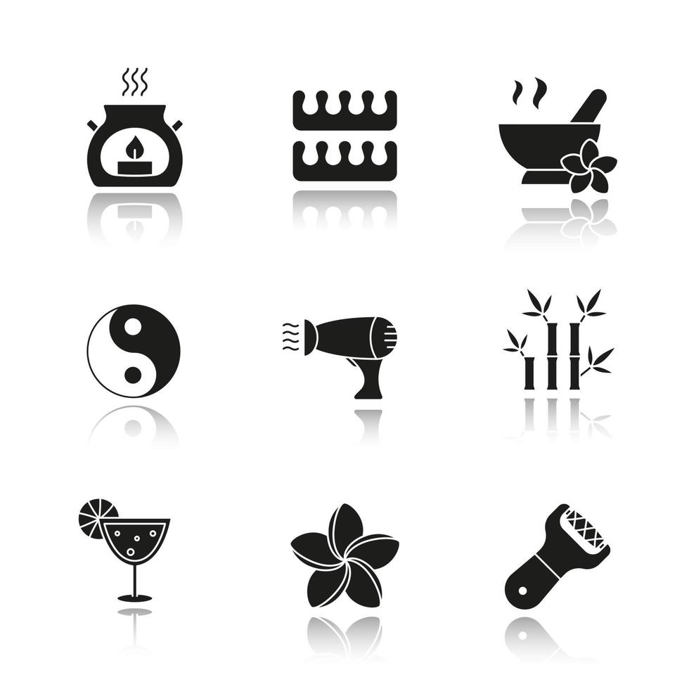 Spa salon drop shadow black icons set. Aroma therapy candle, fingers and toes separators, mortar and pestle, yin yang sign, hairdryer, bamboo sticks, cocktail, foot file. Isolated vector illustrations