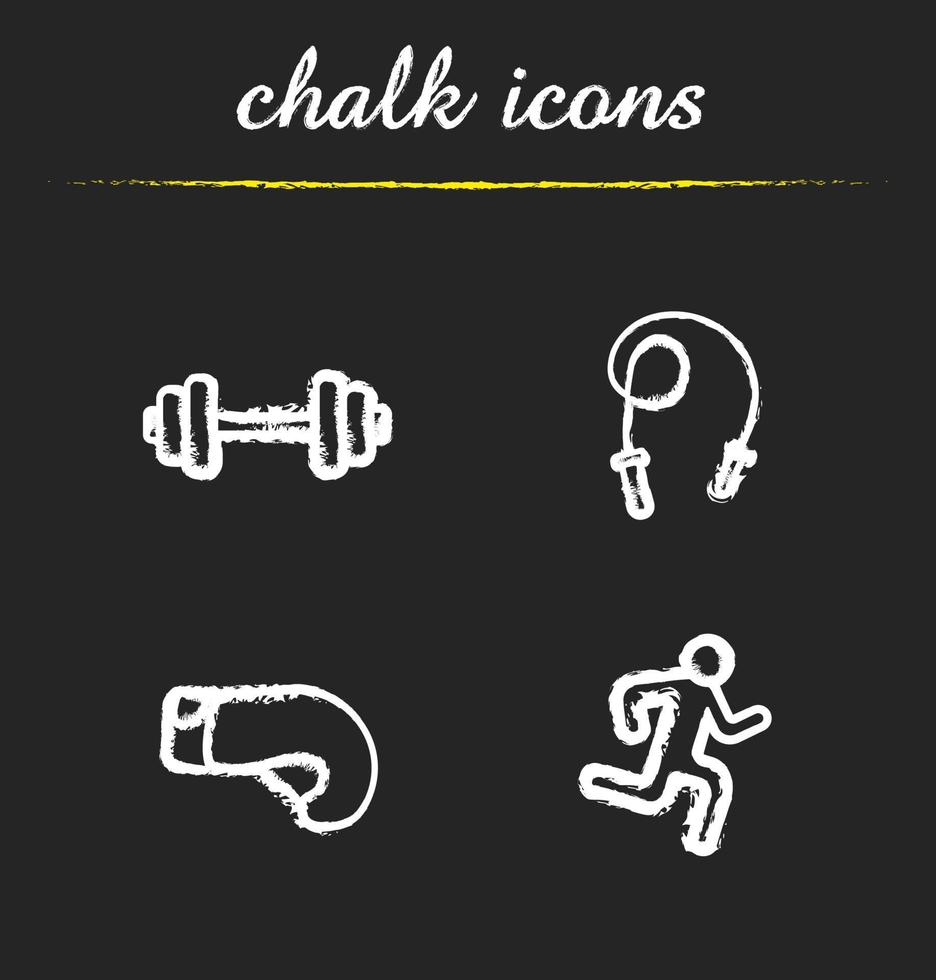 Sport chalk icons set. Gym dumbbell, skipping rope, boxing glove, running man. Isolated vector chalkboard illustrations