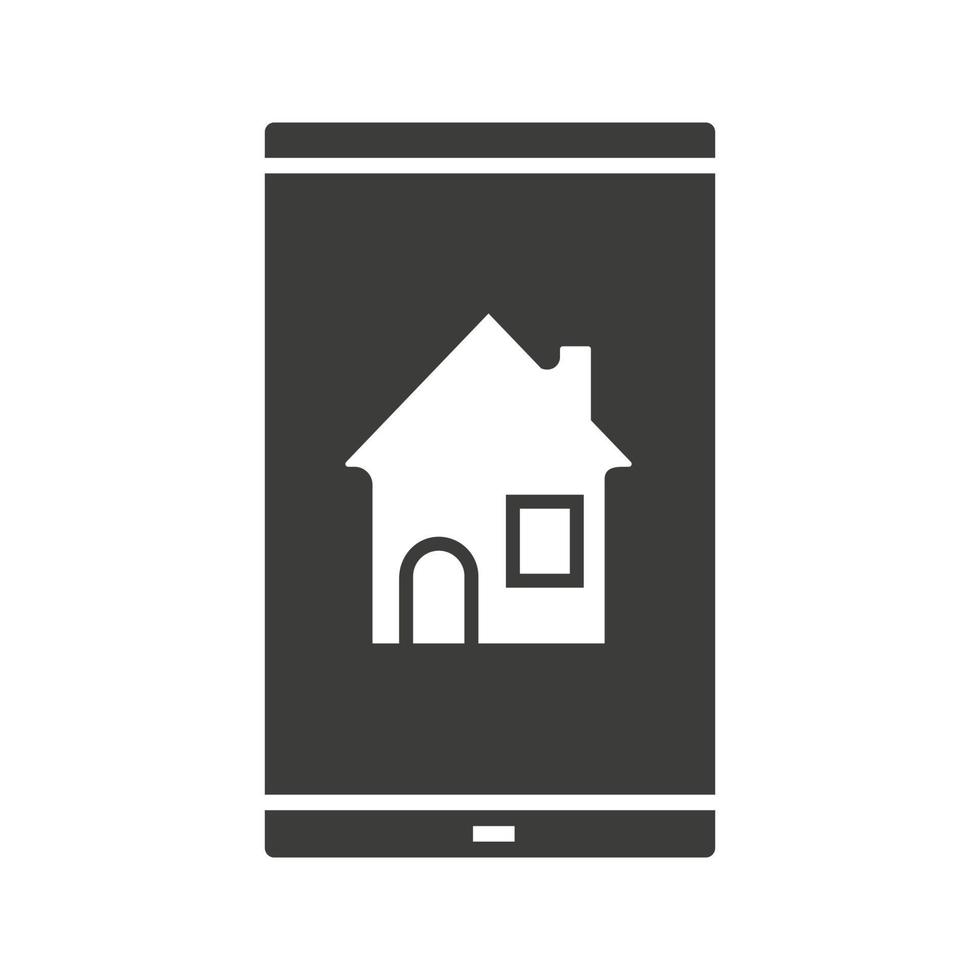 Smartphone home screen glyph icon. Silhouette symbol. Smart phone with house. Negative space. Vector isolated illustration