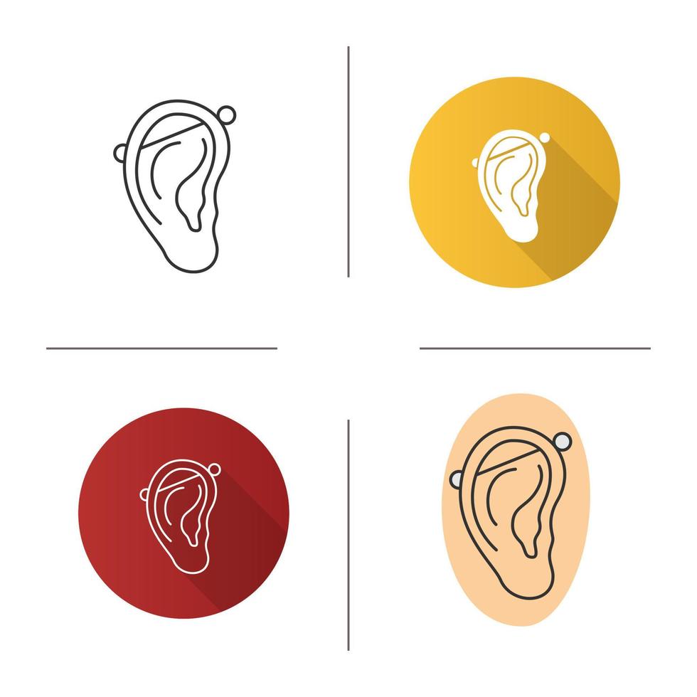 Industrial piercing icon. Pierced ear cartilage. Flat design, linear and color styles. Isolated vector illustrations