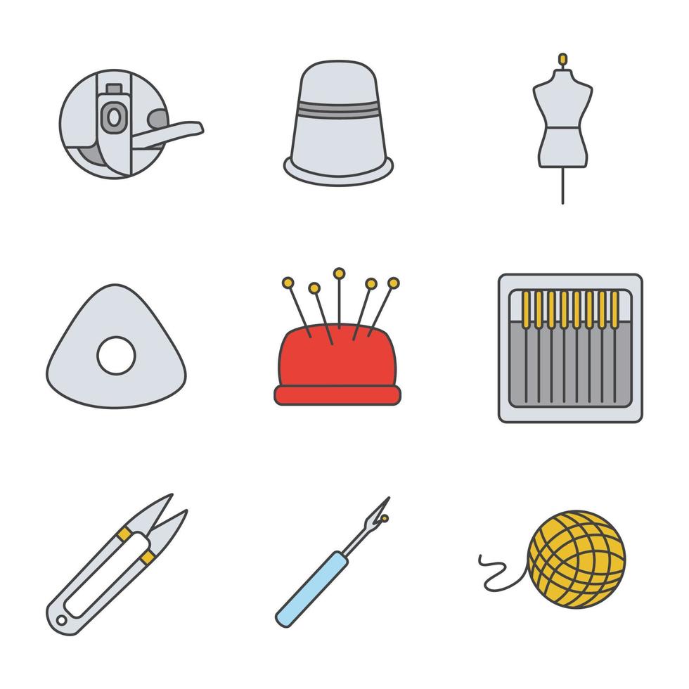 Tailoring color icons set. Bobbin case, sewing thimble, mannequin, chalk, pincushion, needles, thread cutter, seam ripper, wool clew. Isolated vector illustrations