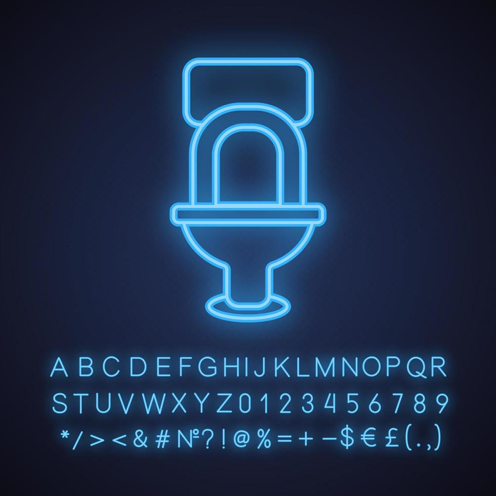Toilet pan neon light icon. Lavatory loo. Glowing sign with alphabet, numbers and symbols. Vector isolated illustration