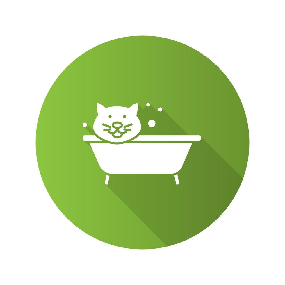 Bathing cat flat design long shadow glyph icon. Grooming service. Pets hygiene. Vector silhouette illustration