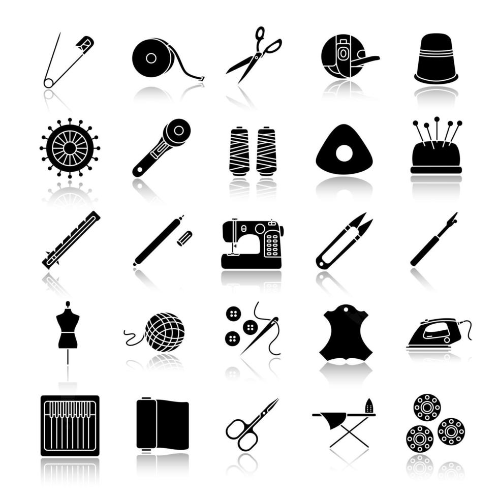Tailoring drop shadow black glyph icons set. Sewing. Needles, pins, threads, fabrics, buttons. Isolated vector illustrations