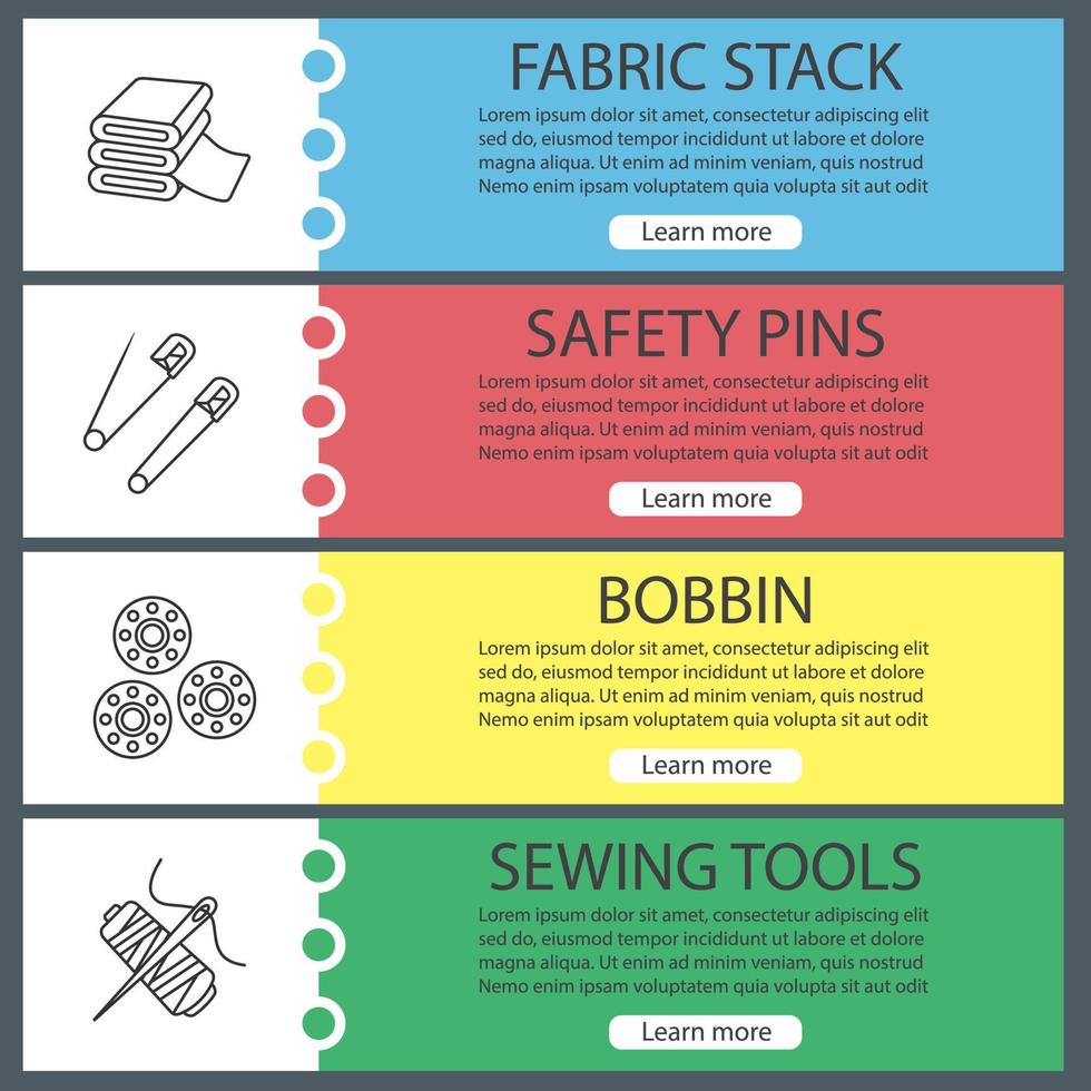 Tailoring web banner templates set. Fabric stack, safety pins, bobbins, needle and thread spool. Website color menu items with linear icons. Vector headers design concepts