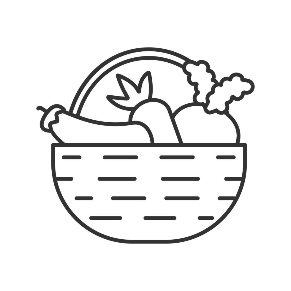 Basket with vegetables linear icon. Autumn harvest. Carrot, eggplant, beetroot. Thin line illustration. Contour symbol. Vector isolated outline drawing