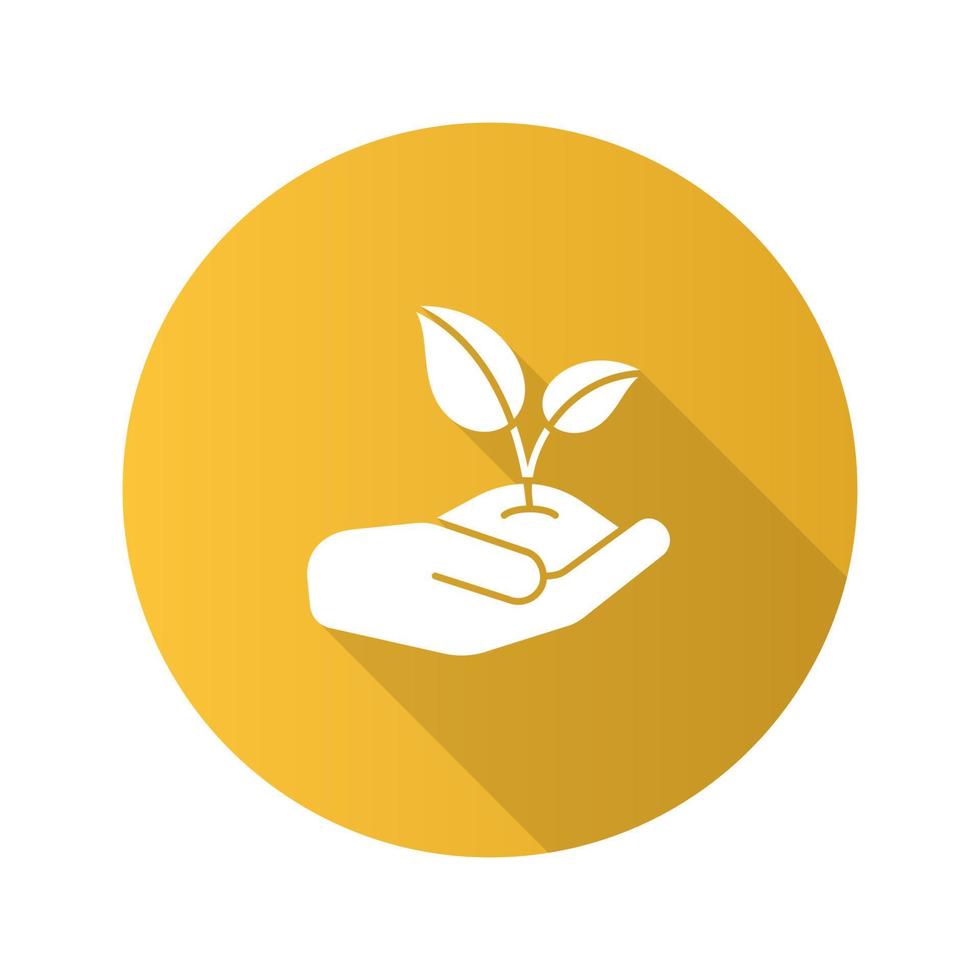 Open hand with sprout flat design long shadow glyph icon. Environment protection. Agriculture. Vector silhouette illustration