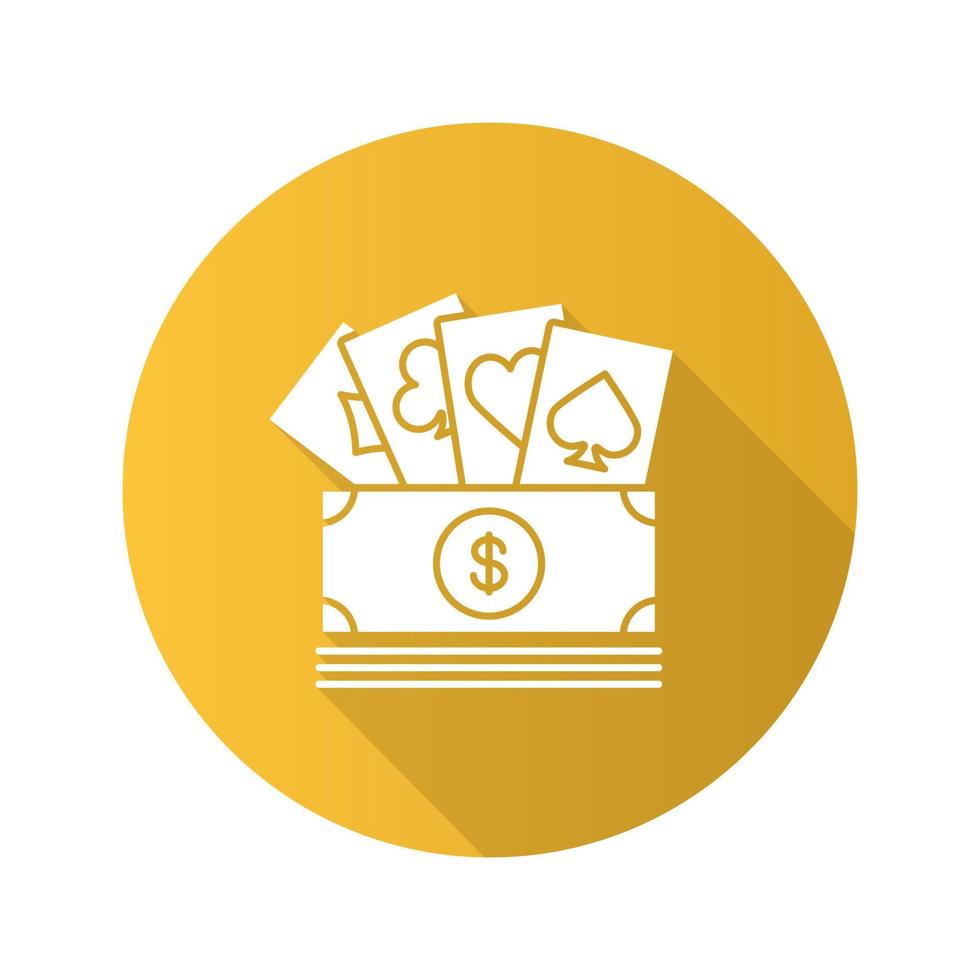 Cash with playing cards flat design long shadow glyph icon. Real money casino. Vector silhouette illustration