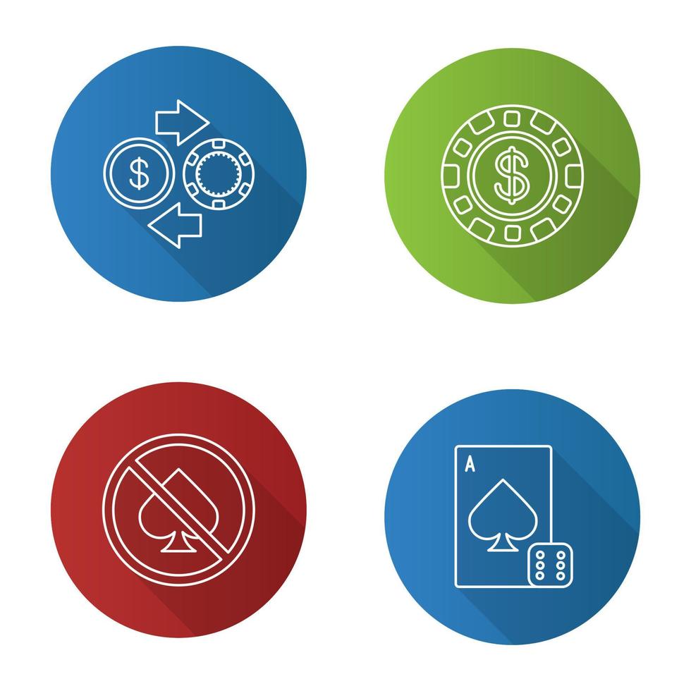 Casino flat linear long shadow icons set. Casino chip, playing card and dice, token and real money exchange, no gambling. Vector outline illustration