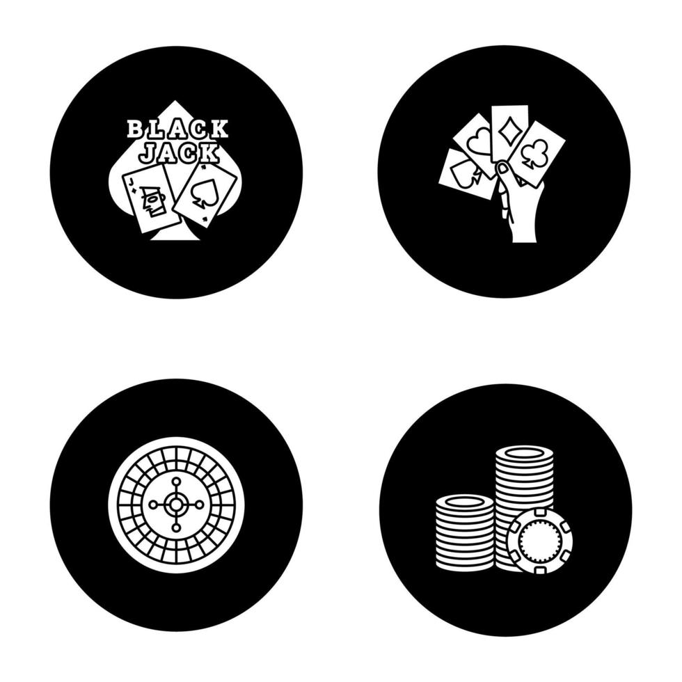 Casino glyph icons set. Blackjack, four aces in hand, roulette, stack of gambling chips. Vector white silhouettes illustrations in black circles