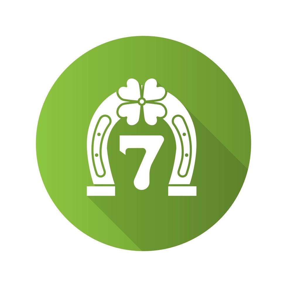 Lucky seven game flat design long shadow glyph icon. Horseshoe and four leaf clover with number 7. Vector silhouette illustration