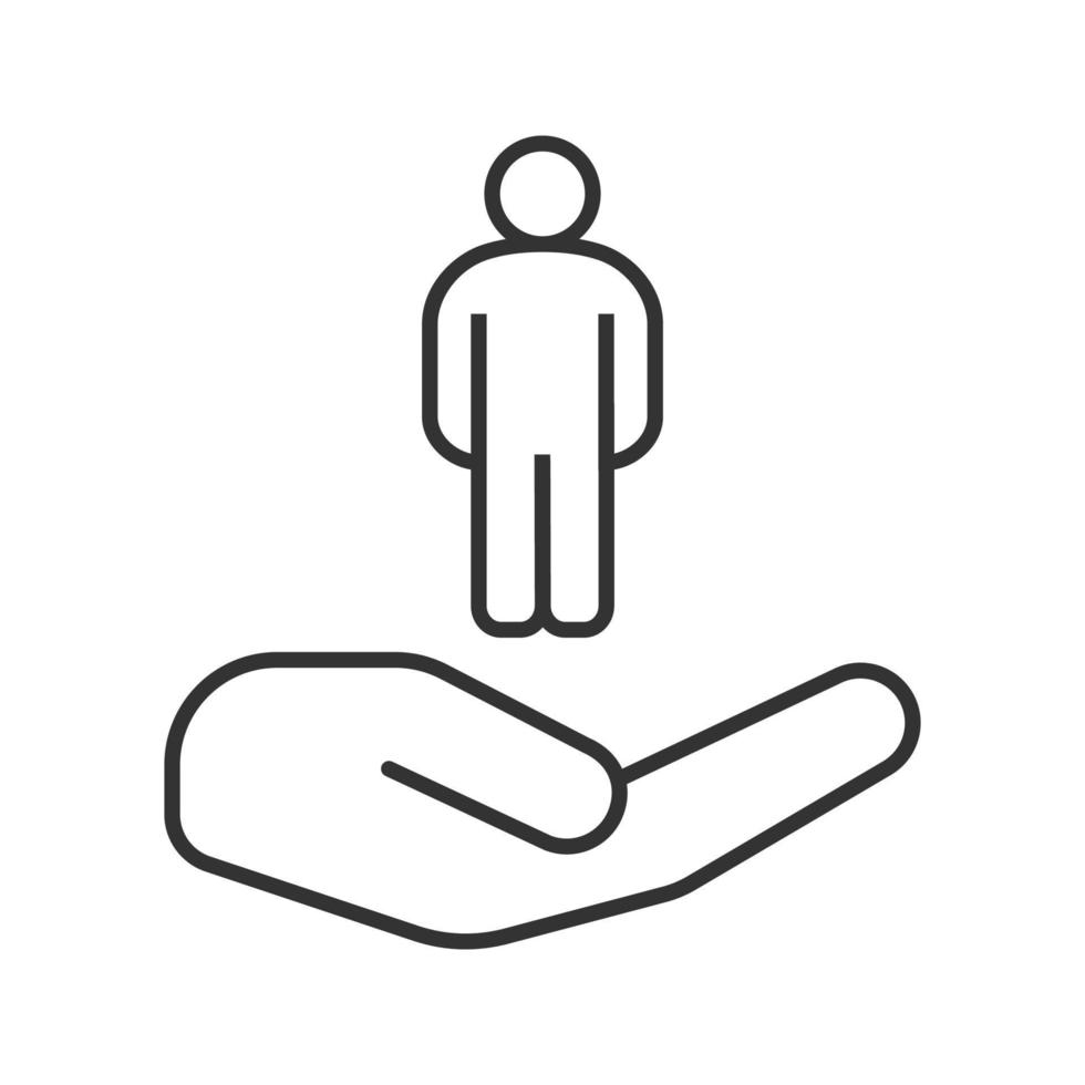 Open hand with human linear icon. Personnel management. Thin line illustration. Life insurance. Contour symbol. Vector isolated outline drawing