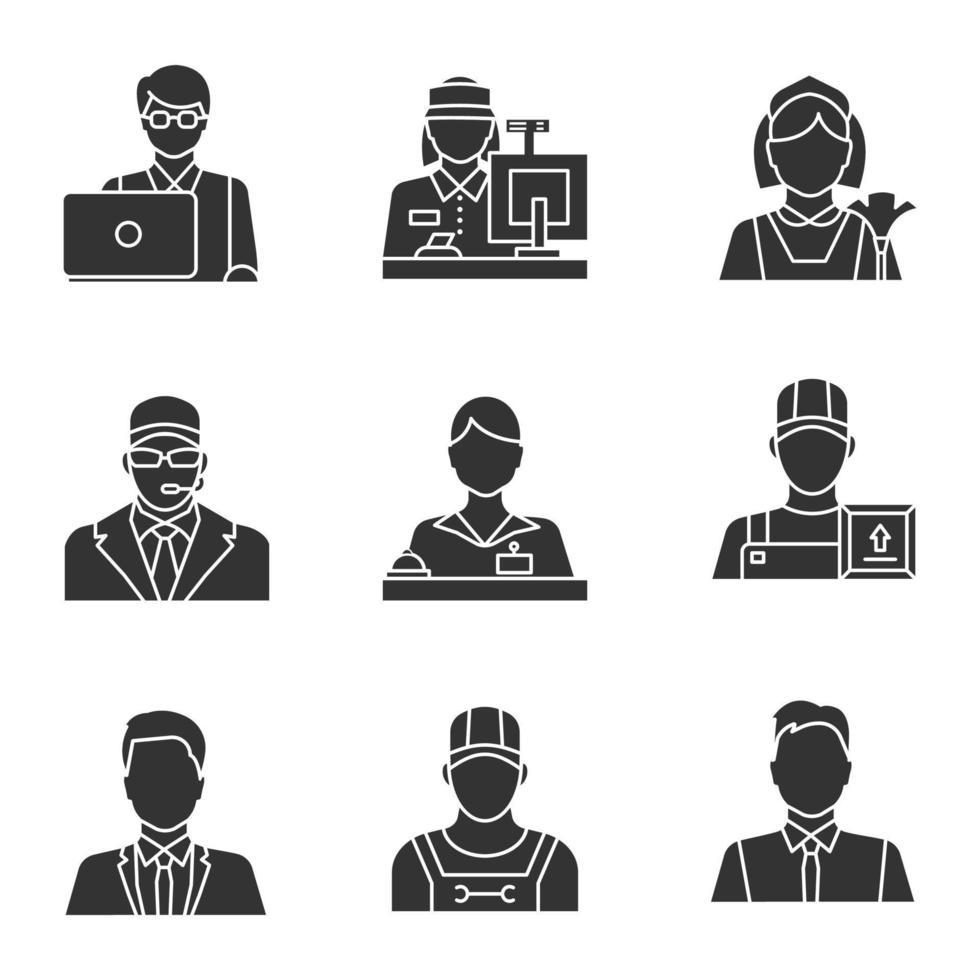 Professions glyph icons set. Occupations. Plumber, deliveryman, receptionist, bodyguard, maid, showman, office worker, IT technologist, cashier. Silhouette symbols. Vector isolated illustration