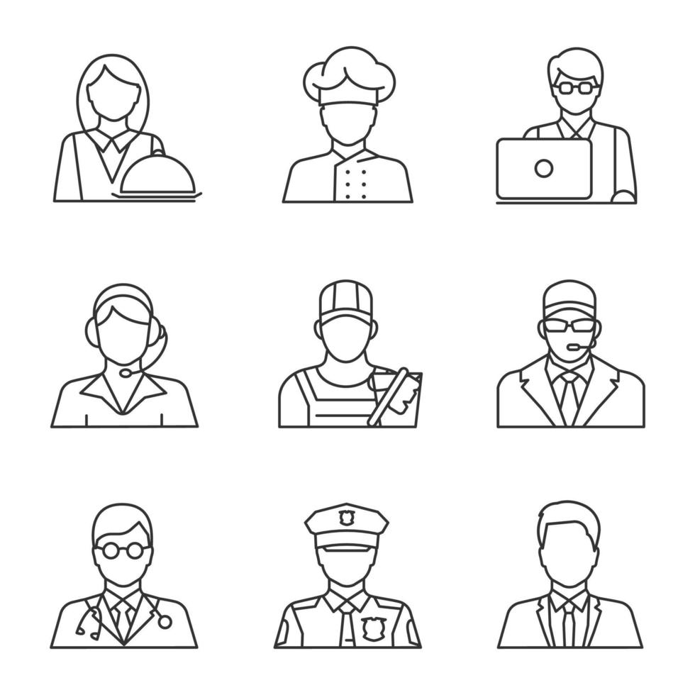 Professions linear icons set. Waitress, cook, IT technologist, call center operator, cleaner, bodyguard doctor, policeman, office worker. Thin line contour symbol. Isolated vector outline illustration