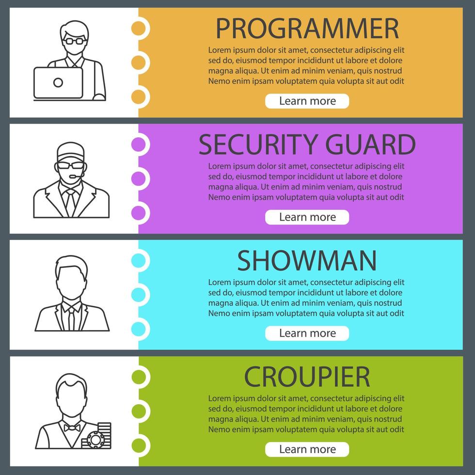 Professions web banner templates set. Programmer, security guard, showman, croupier. Website color menu items with linear icons. Vector headers design concepts