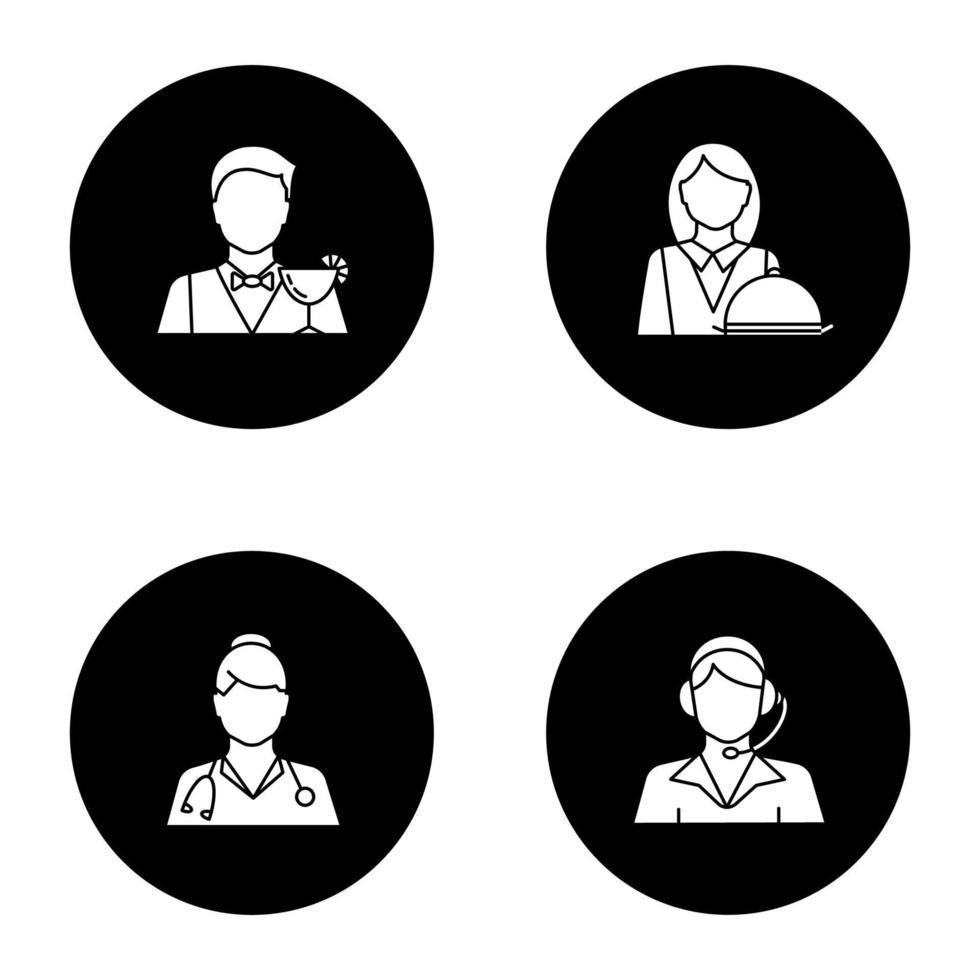 Professions glyph icons set. Occupations. Doctor, call center operator, barman, waitress. Vector white silhouettes illustrations in black circles