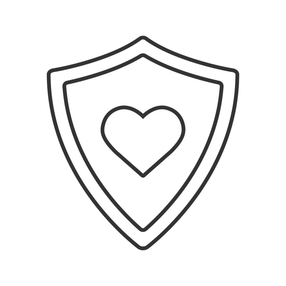 Shield with heart shape linear icon. Health care. Thin line illustration. Contour symbol. Vector isolated outline drawing