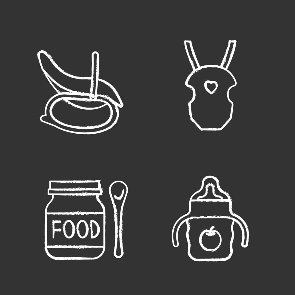 Childcare chalk icons set. Rocking chair, baby carrier, food, sippy cup. Isolated vector chalkboard illustrations