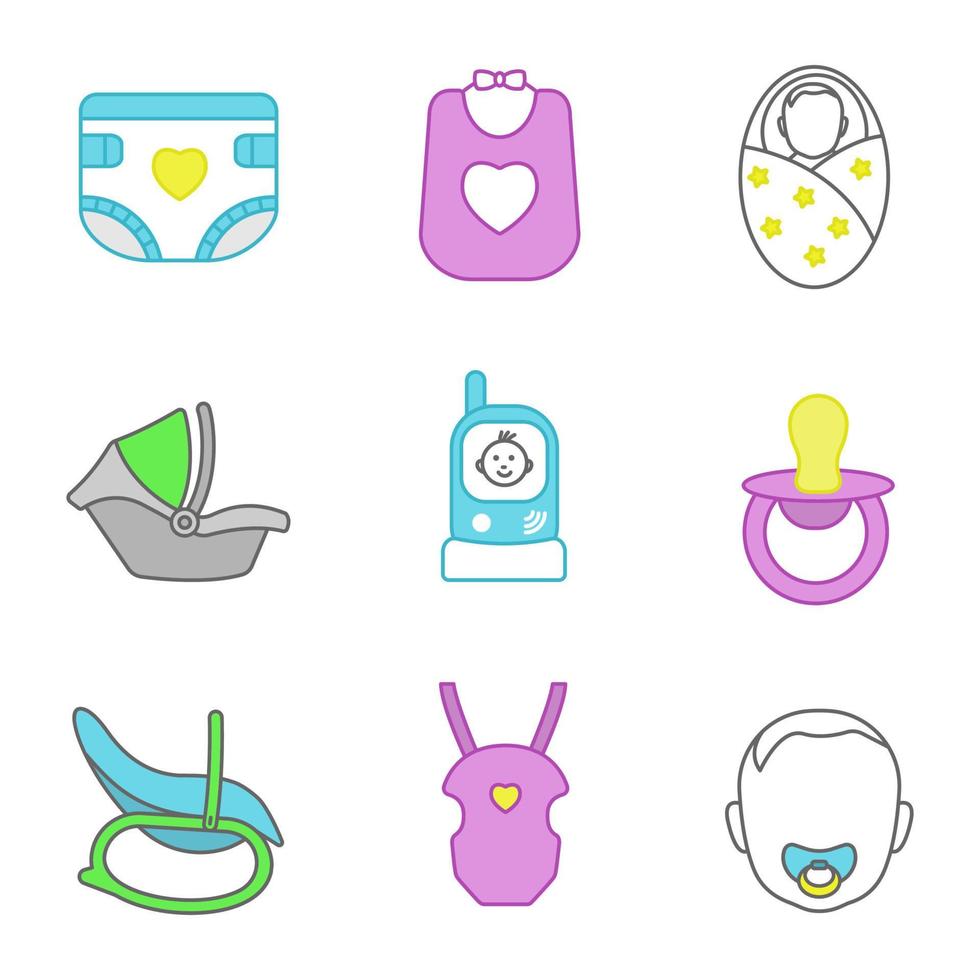 Childcare color icons set. Baby diaper, bib, newborn, car seat, radio nanny, pacifier, rocking chair, carrying bag, child face. Isolated vector illustrations