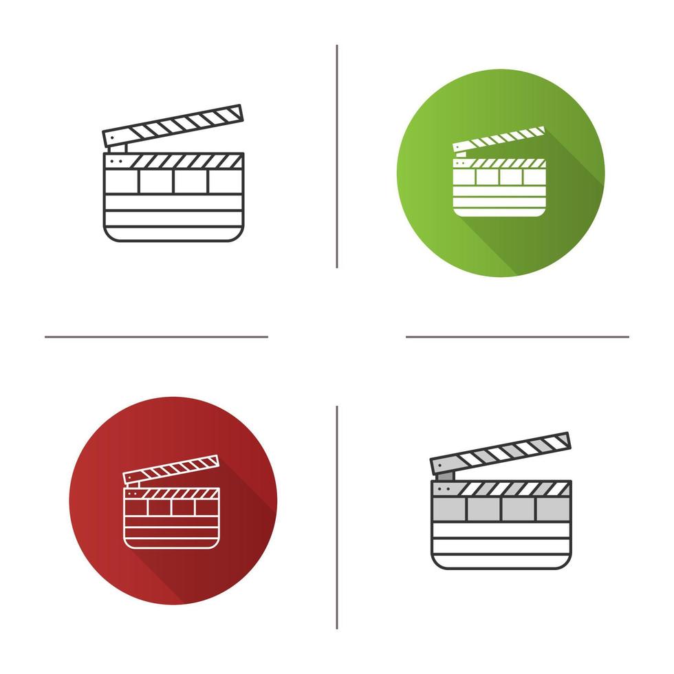 Clapperboard icon. Time code slate. Flat design, linear and color styles. Isolated vector illustrations