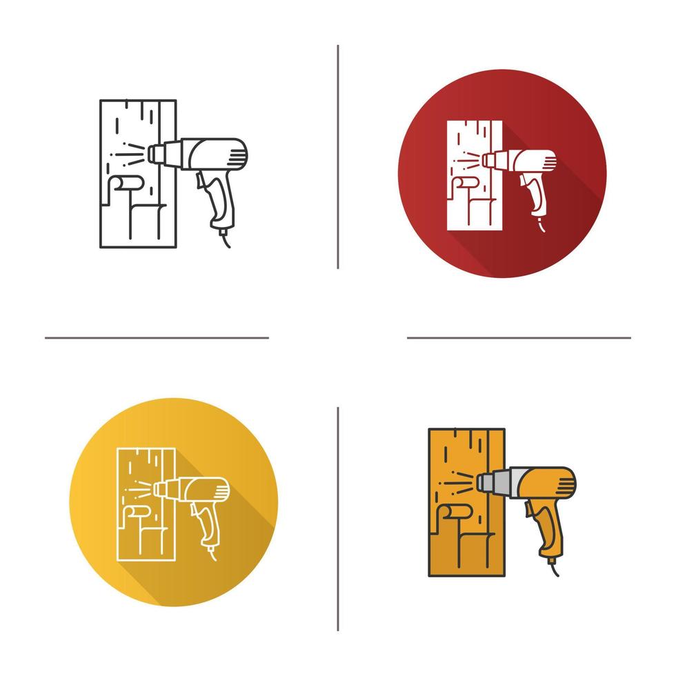Hot air gun heating surface icon. Paint removing. Flat design, linear and color styles. Isolated vector illustrations