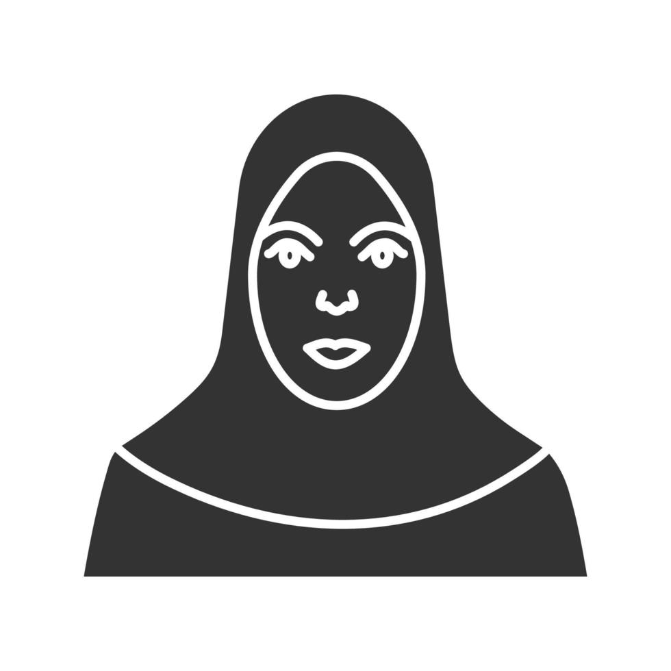 Muslim woman glyph icon. Islamic culture. Hijab. Silhouette symbol. Negative space. Vector isolated illustration