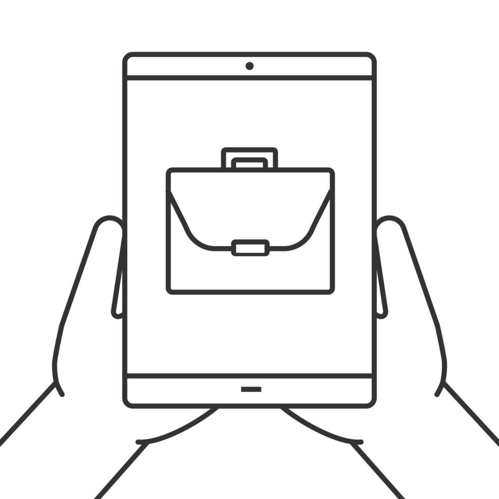 Hands holding tablet computer linear icon. Freelancing. Thin line illustration. Tablet computer with briefcase. Contour symbol. Vector isolated outline drawing