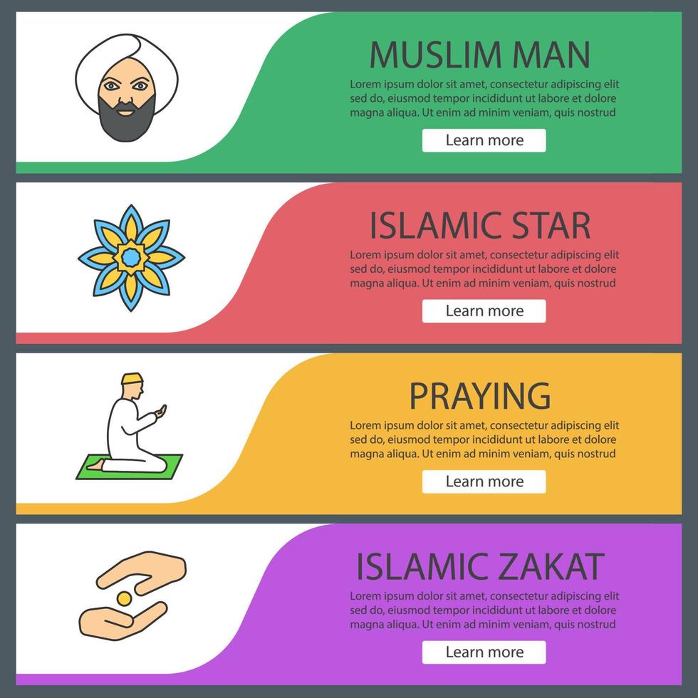 Islamic culture web banner templates set. Muslim man, islamic star, praying person, zakat. Website color menu items. Vector headers design concepts