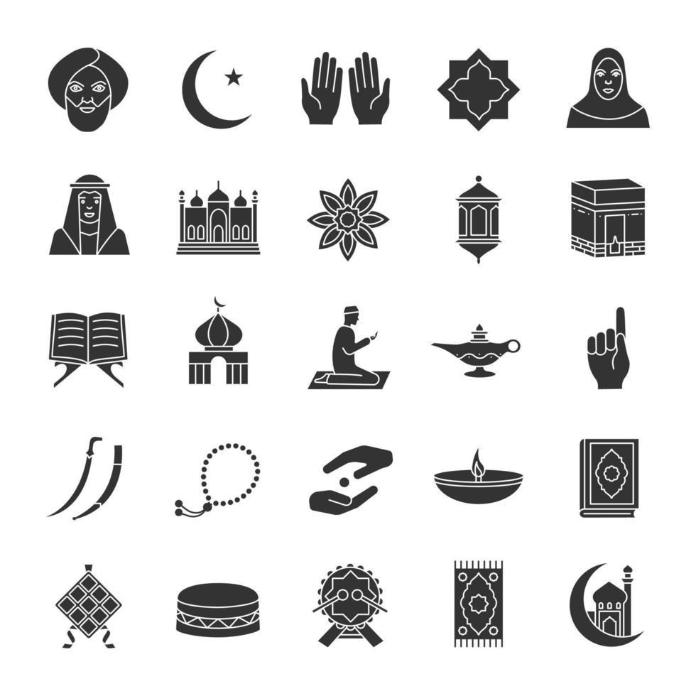 Islamic culture glyph icons set. Silhouette symbols. Muslim attributes. Religion symbolism. Vector isolated illustration