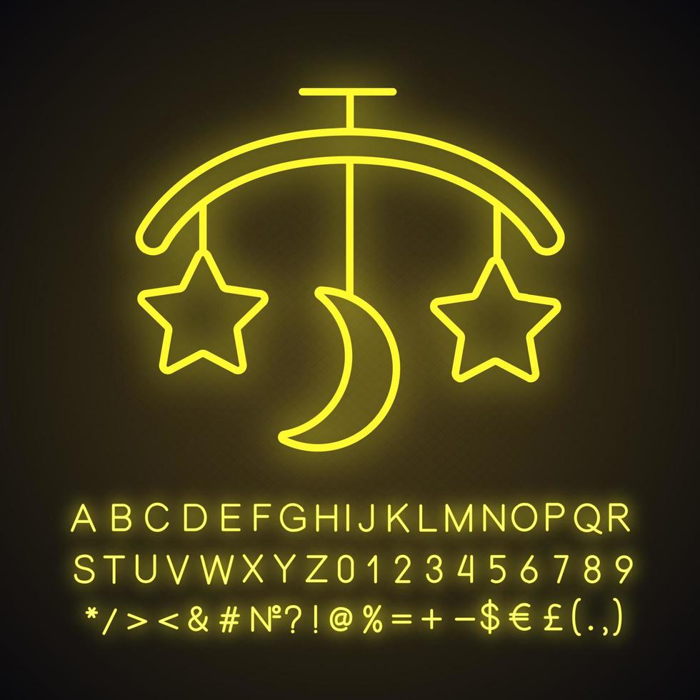 Baby bed carousel neon light icon. Hanging rattle. Glowing sign with alphabet, numbers and symbols. Vector isolated illustration