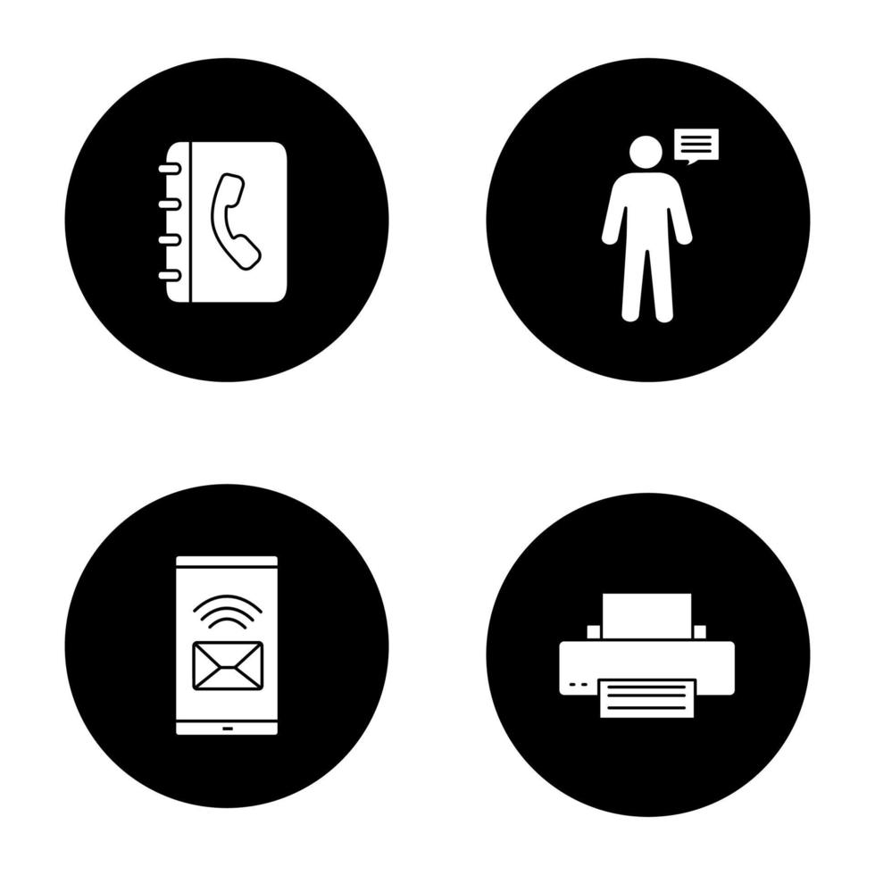 Information center glyph icons set. Telephone book, announcement, incoming message, printer. Vector white silhouettes illustrations in black circles