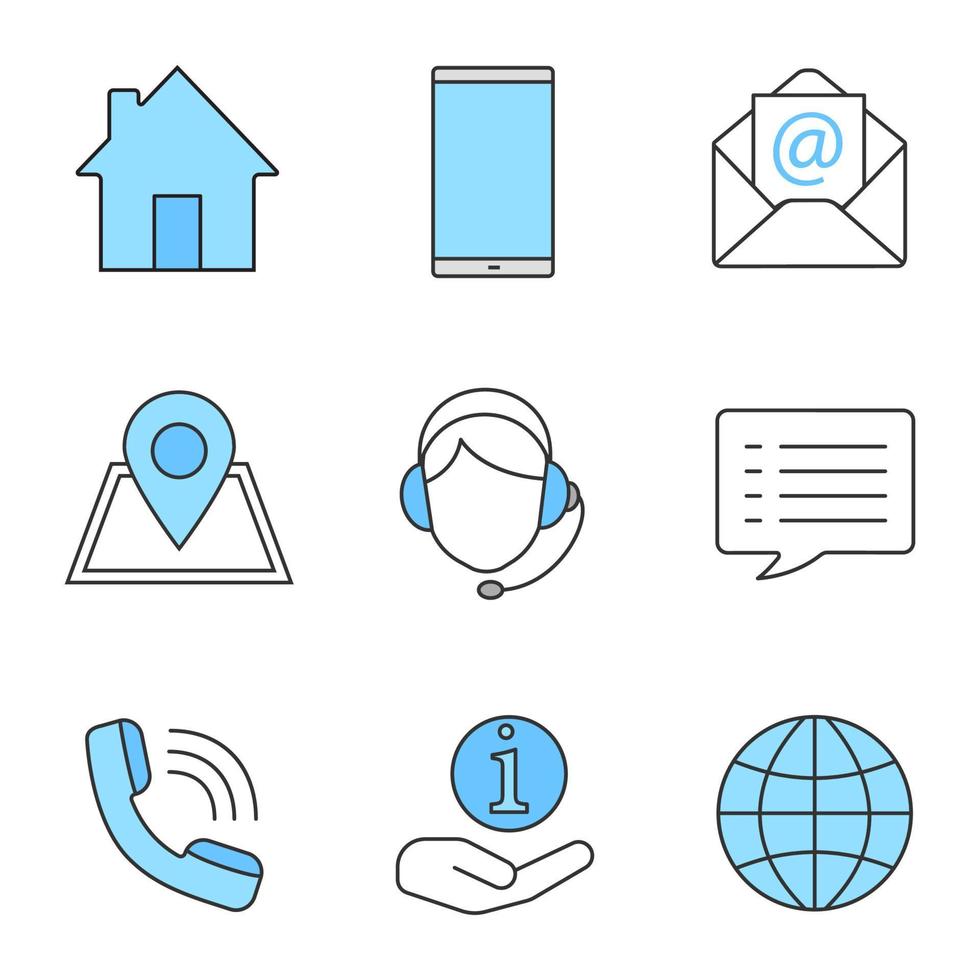 Information center color icons set. Homepage, smartphone, email, GPS, hotline, chat, call, helpdesk, globe. Isolated vector illustrations