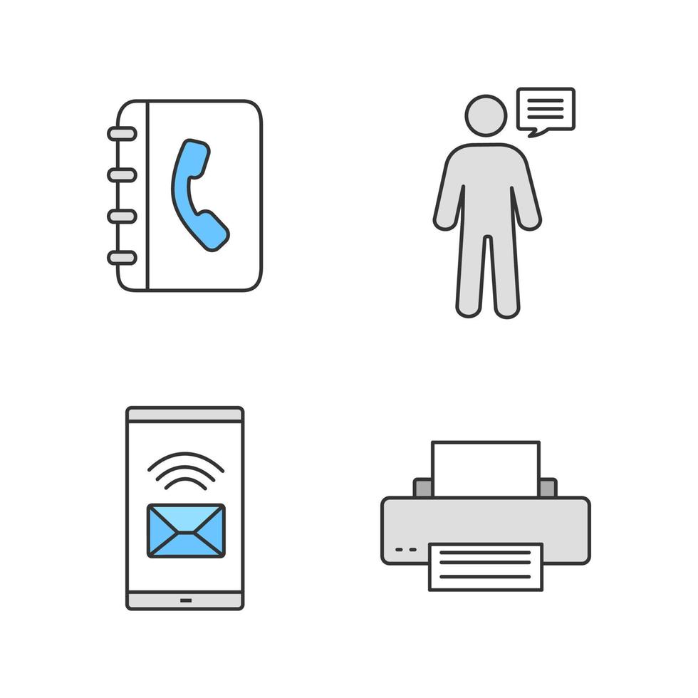 Information center color icons set. Telephone book, announcement, incoming message, printer. Isolated vector illustrations
