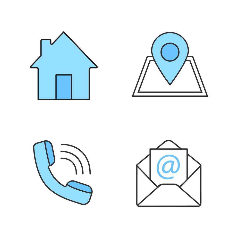 Information center color icons set. Homepage, GPS navigation, incoming call, email. Isolated vector illustrations