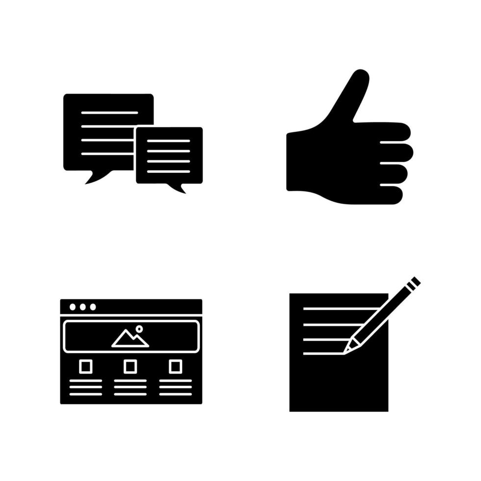 Information center glyph icons set. Chatting, taking notes, thumbs up, web page. Silhouette symbols. Vector isolated illustration