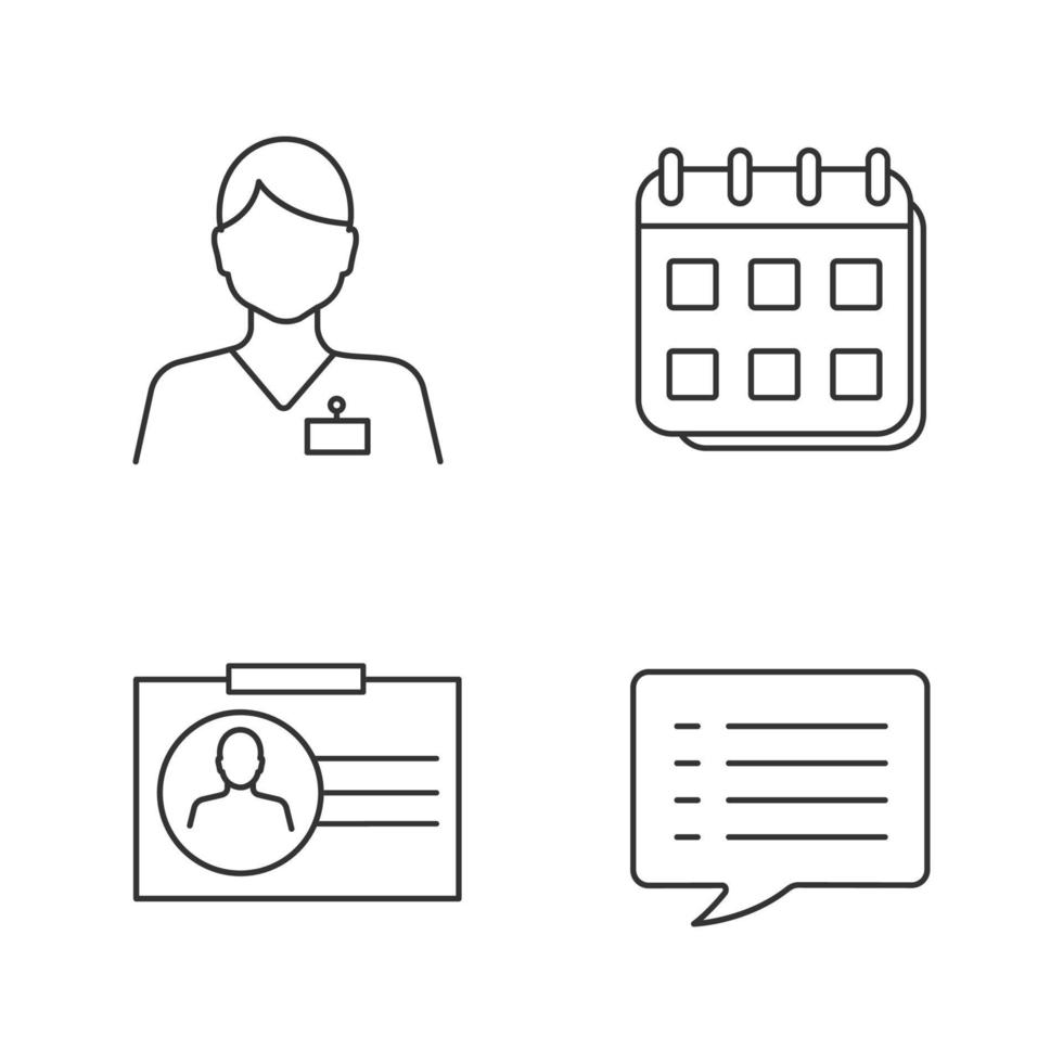 Information center linear icons set. Thin line contour symbols. Calendar, speech bubble, call center operator, ID card. Isolated vector outline illustrations