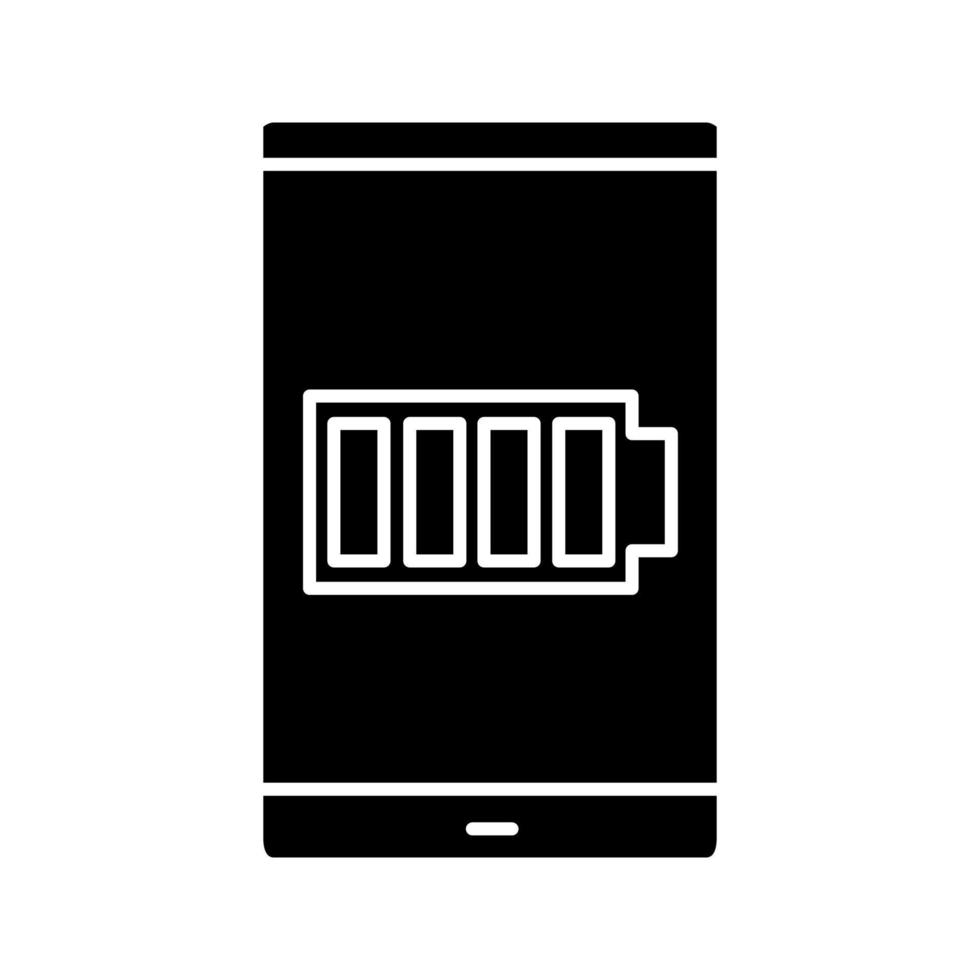 Smartphone high battery glyph icon. Battery charging. Silhouette symbol. Negative space. Vector isolated illustration