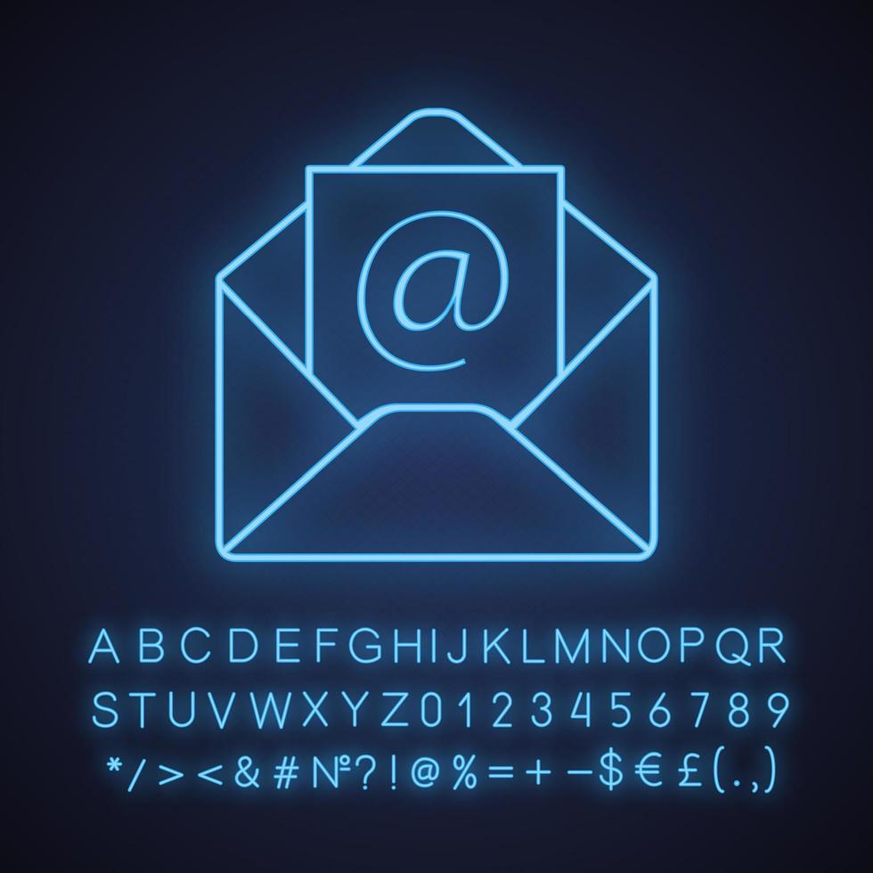 E-mail address neon light icon. Envelope with arroba sign. Glowing sign with alphabet, numbers and symbols. Vector isolated illustration