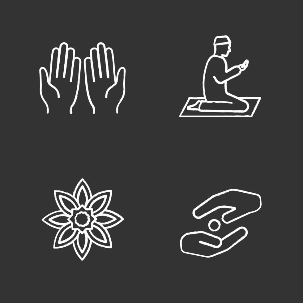 Conjunto de iconos de tiza de cultura islámica. manos rezando y musulmán, estrella islámica, zakat. ilustraciones de pizarra vector aislado