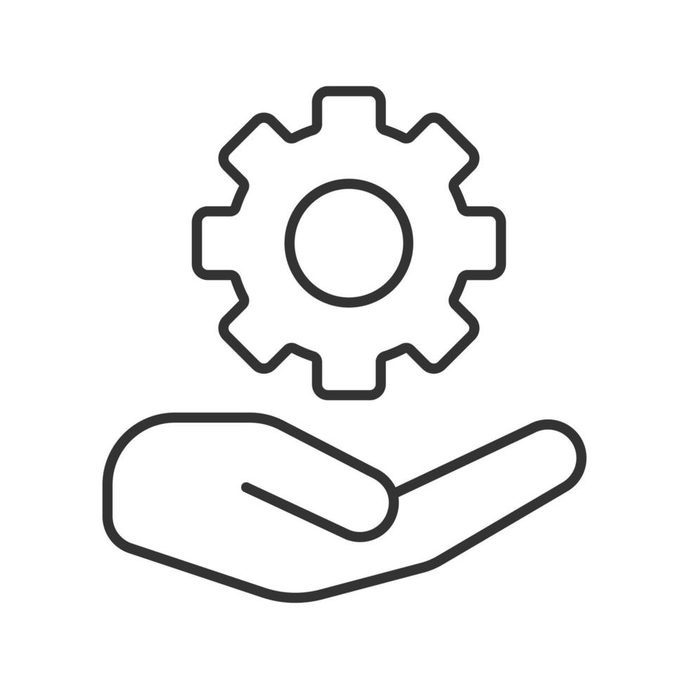 Open hand with cogwheel linear icon. Technical support. Technology progress. Thin line illustration. Devices and machines care. Contour symbol. Vector isolated outline drawing