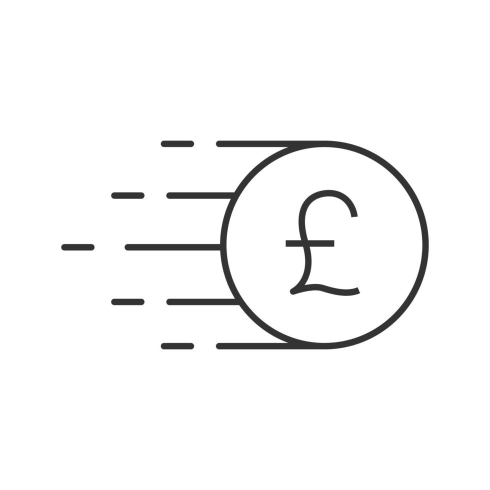 Flying British pound coin linear icon. Thin line illustration. Great Britain currency. Contour symbol. Vector isolated outline drawing