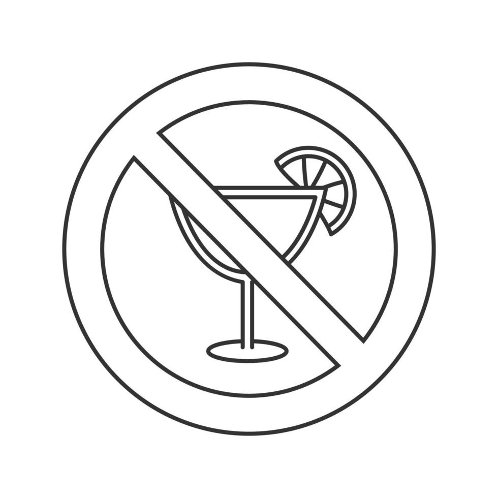 Forbidden sign with cocktail linear icon. Thin line illustration. No alcohol prohibition. Stop contour symbol. Vector isolated outline drawing