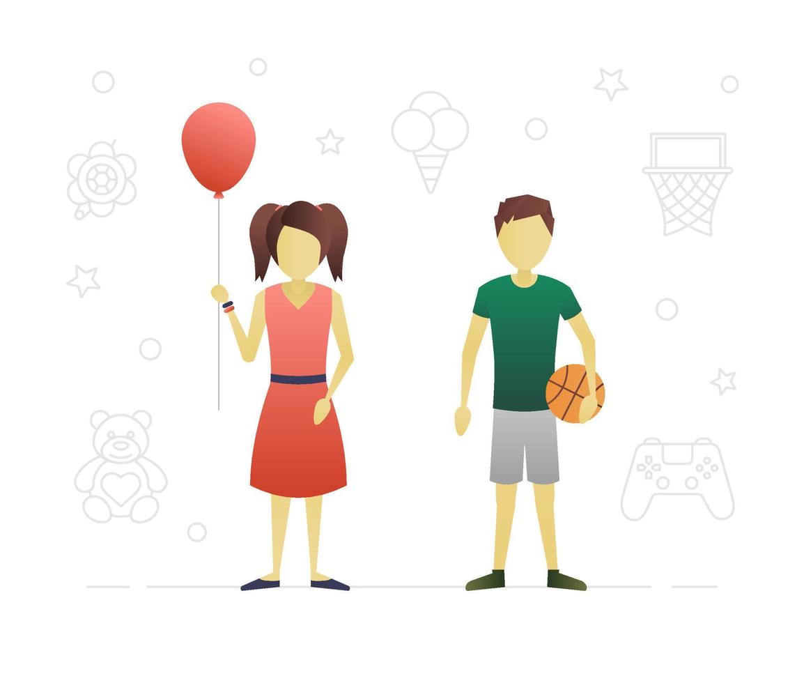 Children flat character design. Boy with basketball ball and girl with air balloon. Vector isolated illustration