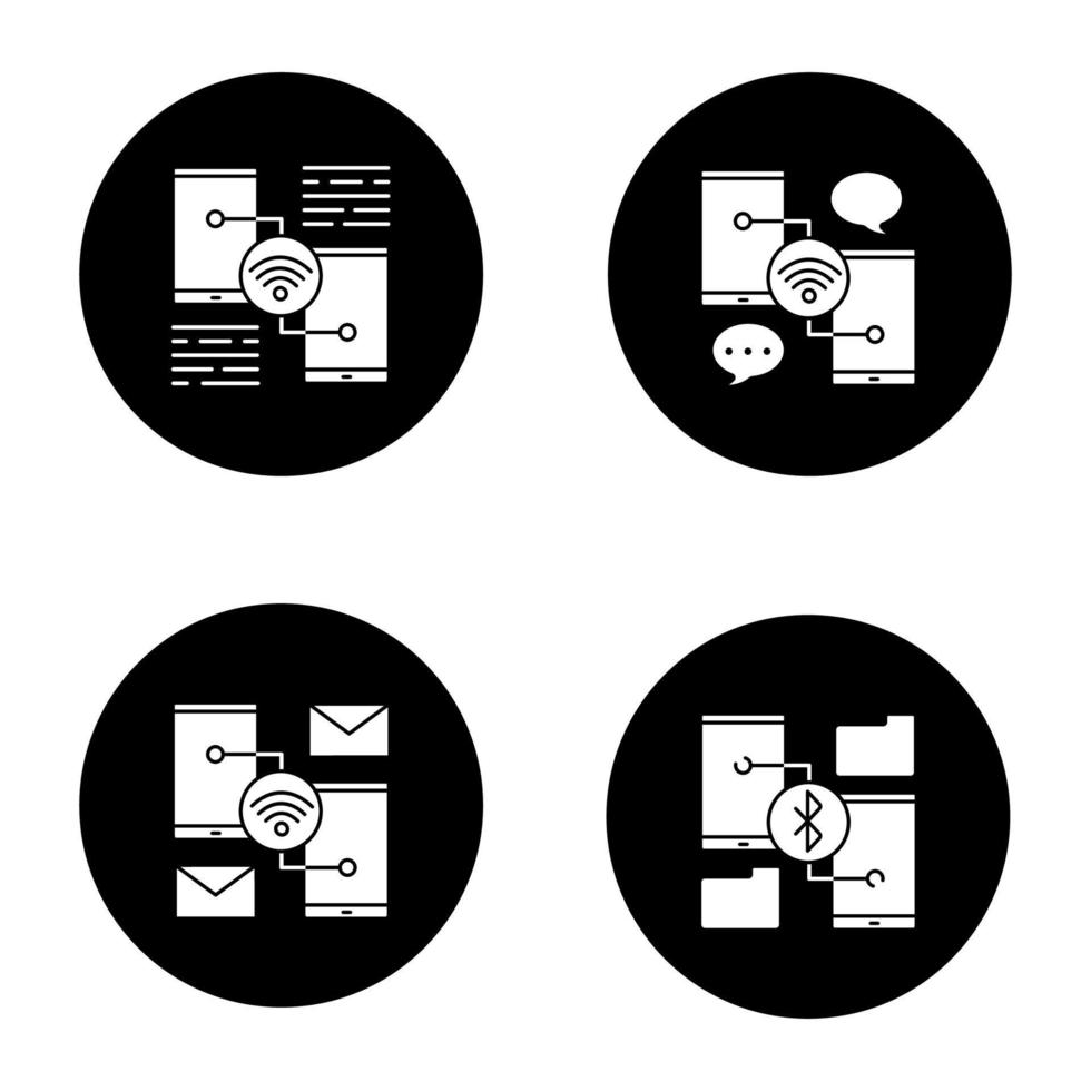 Smartphone connection glyph icons set. Chatting, sending e-mail, bluetooth and wifi data transfer. Vector white silhouettes illustrations in black circles